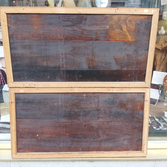 Image 1 of Deux magnifiques navires peints à l'huile sur de vieilles planches de bois.