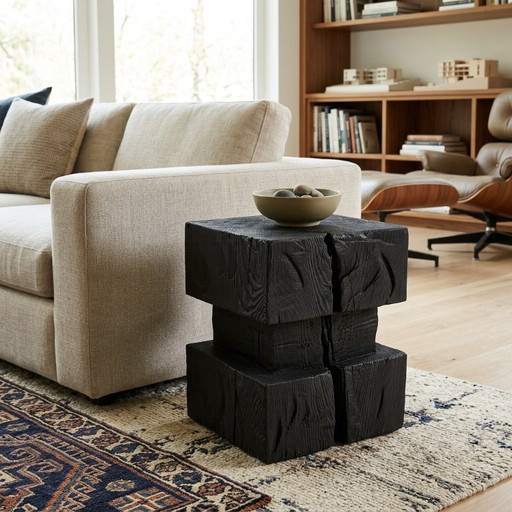 Sculpturale hardhouten bijzettafel, kruk, gebrand hout, handgesneden, Logniture