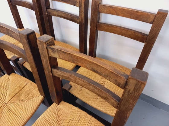 Image 1 of Set of 6 vintage brutalist chairs in solid oak and straw from the 60s
