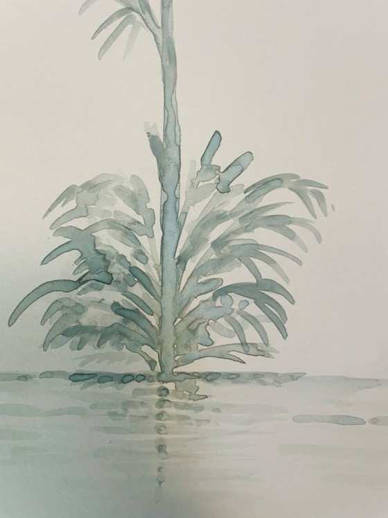 Image 1 of Signed monochrome sage green watercolor landscape "reflections"