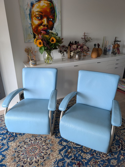 2x Pelle Divani Fauteuil. Lichtblauw. – Leather