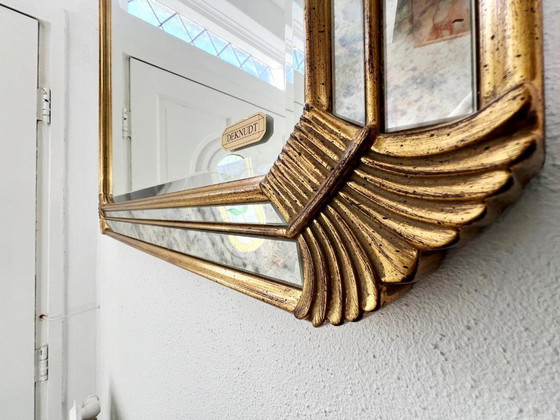 Image 1 of Vintage Deknudt trapezoid mirror – gold frame with smoked mirror glass – Hollywood Regency style – 95 × 69 cm