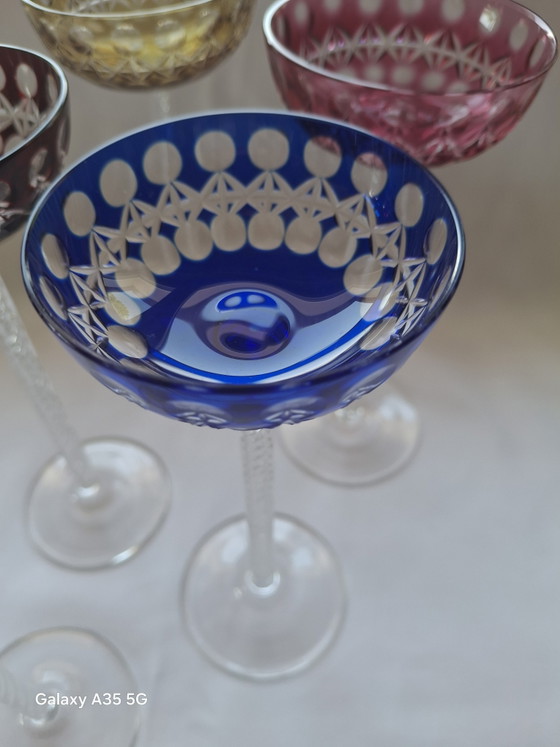 Image 1 of Set di 5 bicchieri da liquore antichi in stile Art Nouveau - Josephinenhütte, circa 1900 - stelo a spirale