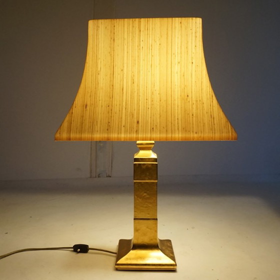Lampada da tavolo De Knudt con base in ceramica dorata e paralume in lino, 1970, DeKnudt, Lampade da tavolo (foto 3 di 13)