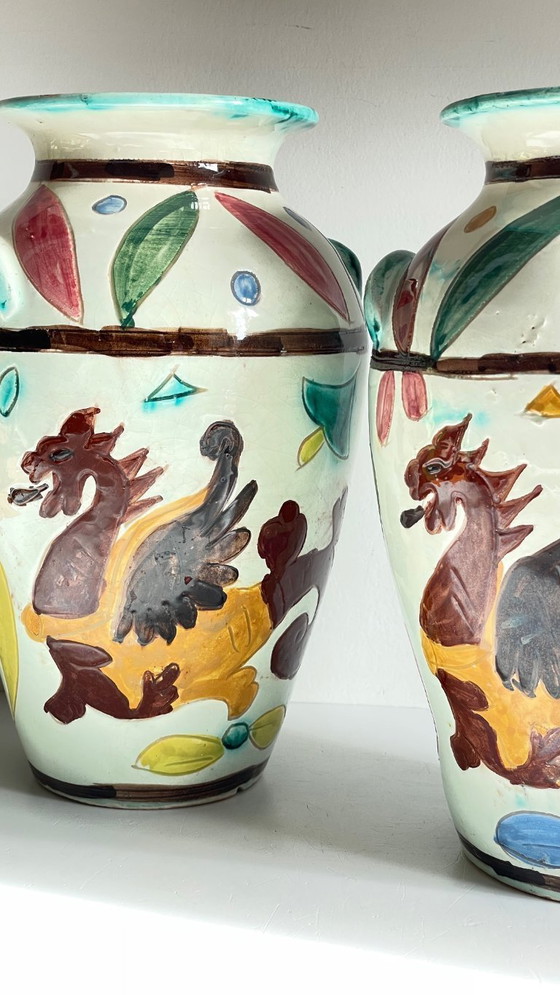 Image 1 of Italian Majolica Vases with Dragon Motif
