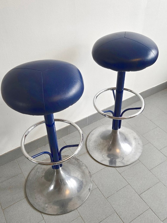 Image 1 of PAIRE DE TABOURETS DE BAR VINTAGE 1970 SIMILI-CUIR BLEU & ALUMINIUM DLG KNOLL