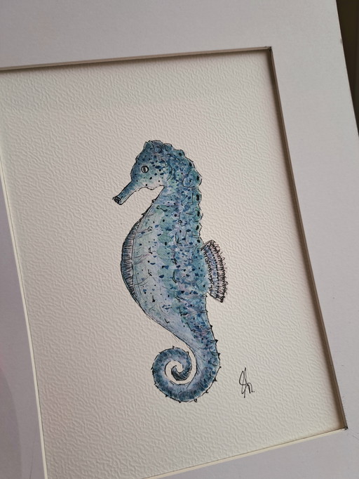 Acquerello originale raffigurante un cavalluccio marino, con cornice nera.