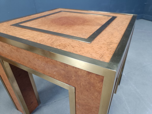 Pair of burl wood side tables in the manner of Willy Rizzo, Romeo Rega,n jean Claude Mahey.  Beautiful natural burl wood with br