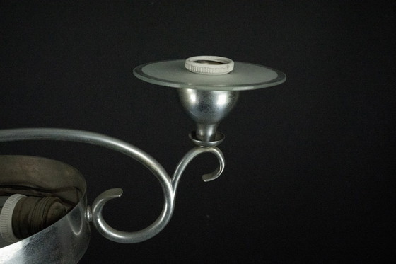 Image 1 of Araña Art Decó italiana de latón niquelado y cristal esmerilado, años 30