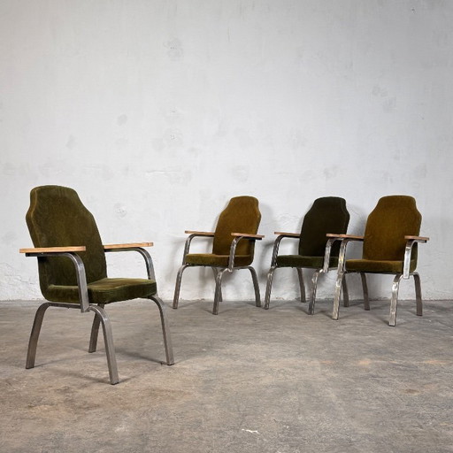 Brutalist Green Oak Armchairs set of 6, 1960s