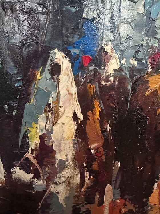 Image 1 of Johannes H.H. Bévort – Abstract-expressionistisch stadsgezicht / marktscène – olieverf op doek (1971)