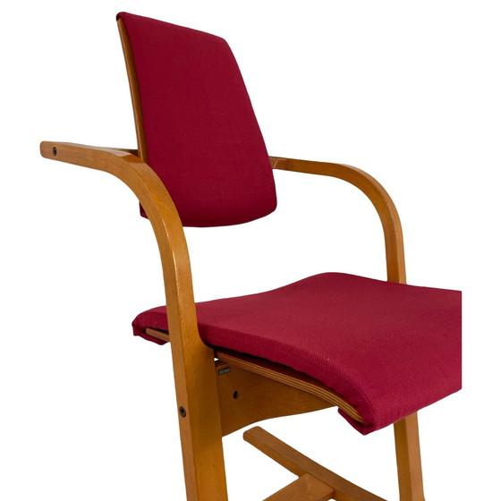 Image 1 of Peter Opsvik - Stokke - Actulum - Ergonomically Shaped Rocking Chair - Red Upholstery And Wooden Frame - New Upholstery!