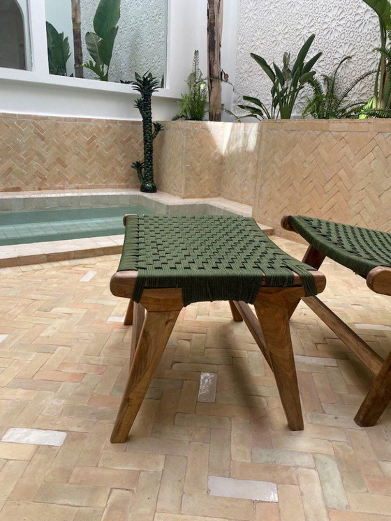 Image 1 of Marokkanischer Sessel aus Walnussholz mit grüner Kordel, handgefertigter Boho-Akzentstuhl