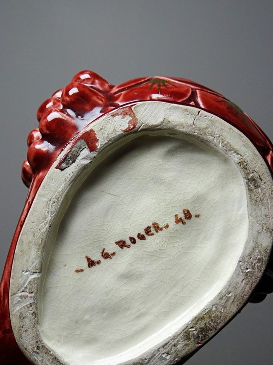 Image 1 of Par de candelabros de cerámica vidriada con forma de gallo, firmados por A.G. Roger, 1948.