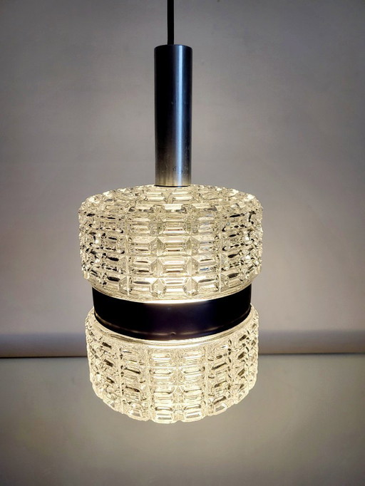 Vintage pendant lamp, chrome finish and glass lampshade, from the 1960s