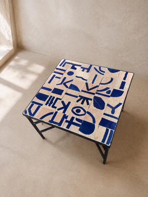 Moroccan Zellige Coffee Table Blue Abstract Mosaic Handmade Square Tile Table Mediterranean Furniture – salontafels, Iron