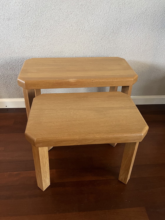 Image 1 of Massief eiken brutalist nesting tafeltjes vintage set 60/70