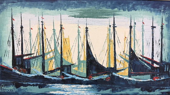 Image 1 of Modern abstract schilderij van een zeilboot