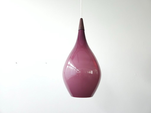 Drop glass mcm pendant lamp, white opal glass with purple top coat, scandinavian design