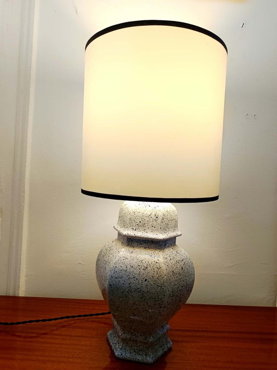 Vintage black and white ceramic lamp with satin lampshade, Table lamps, Textile (photo 8 of 11)