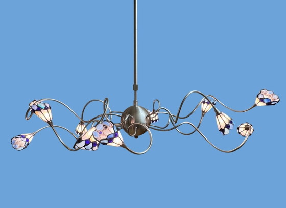 Image 1 of Lampada da soffitto di design a 12 luci con paralumi in vetro colorato | Altezza regolabile | Ottime condizioni