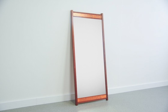Teak Mirror with Copper Relief Strip – Glass, Wood, Vintage (photo 7 of 8)
