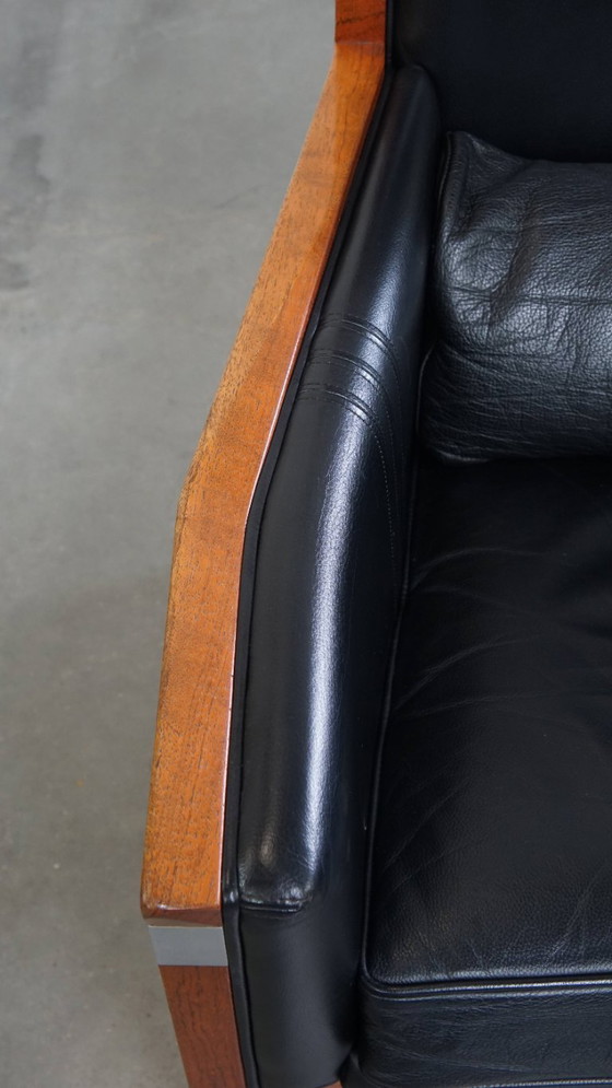 Image 1 of Black cowhide leather and wood Art Deco design armchair by Schuitema from the decoforma series