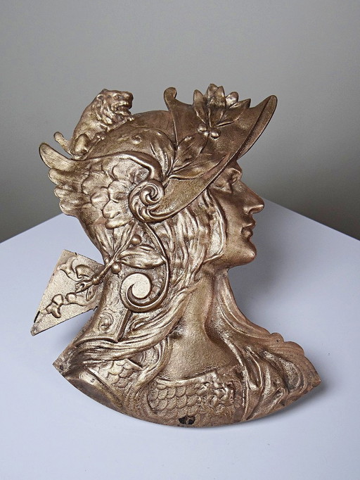 Antique gilded bronze plaque with Marianne Art Nouveau profile