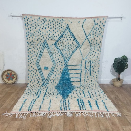 Marokkanischer Berber-Azilal-Teppich – 300 x 190 cm – Naturwolle – Blaues geometrisches Muster