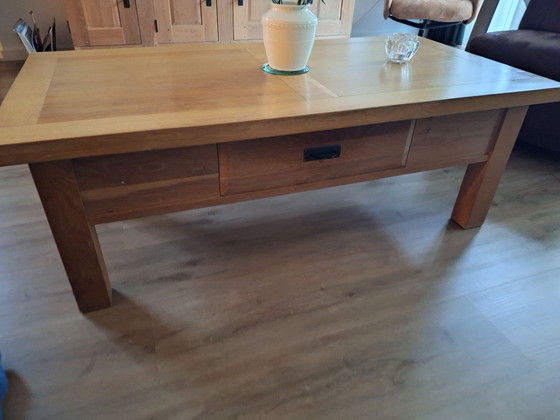massief eiken salontafel met lade, Hout, Metaal, Meerdere kleuren (foto 4 van 5)