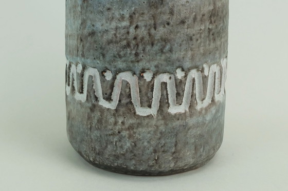 Image 1 of double handled east german mid century ceramic vase heissner keramik model V/32 relief pattern gray and blue
