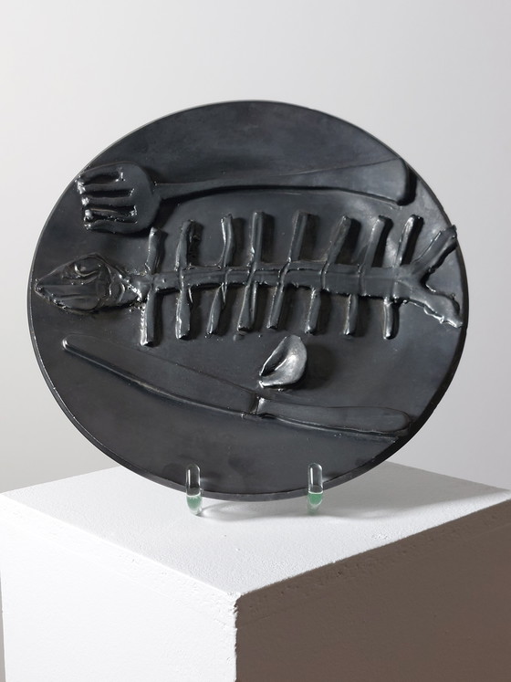 Image 1 of Brutalist Mid Century Vanitas Ceramic Plate with Silver Oxide Glaze