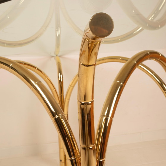 Table de salle à manger italienne méditerranéenne en acier plaqué laiton effet bambou et plateau en verre (photo 17 of 21)