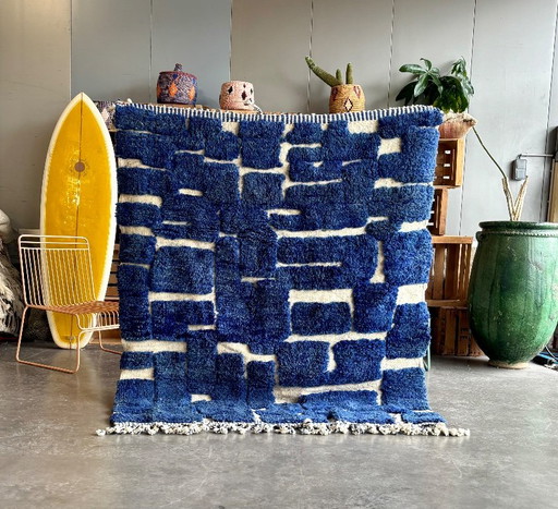 Moroccan Blue Beni Mrirt Rug 160x190 cm - Handmade Wool Rug Blue Geometric Area Ru – vloerkleden en tapijten