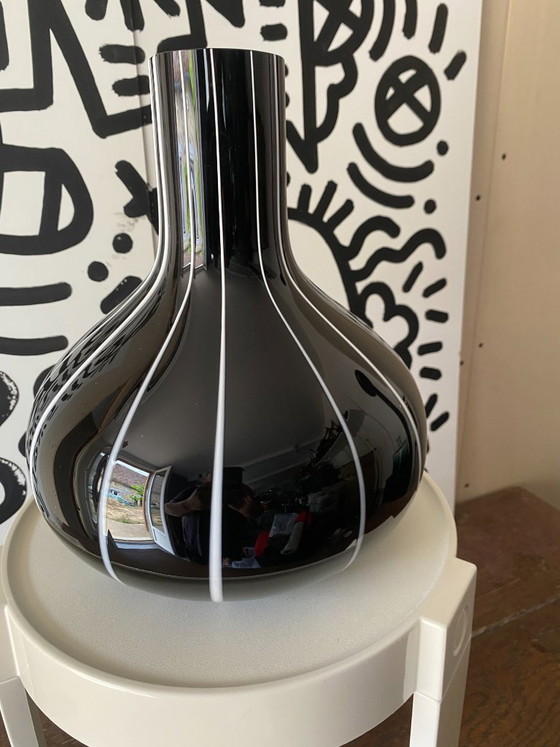 Vintage 1950s Black Glass Vase with White Trim (photo 14 of 16)