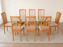 Conjunto de comedor Calligaris Tokyo / mesa de comedor de haya y cristal con 8 sillas / diseño italiano de los años 90