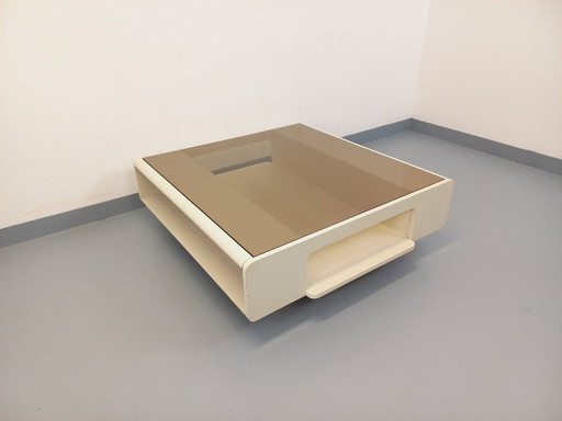 Vintage square coffee table in Space Age style, made of white wood and smoked glass, from the 1970s