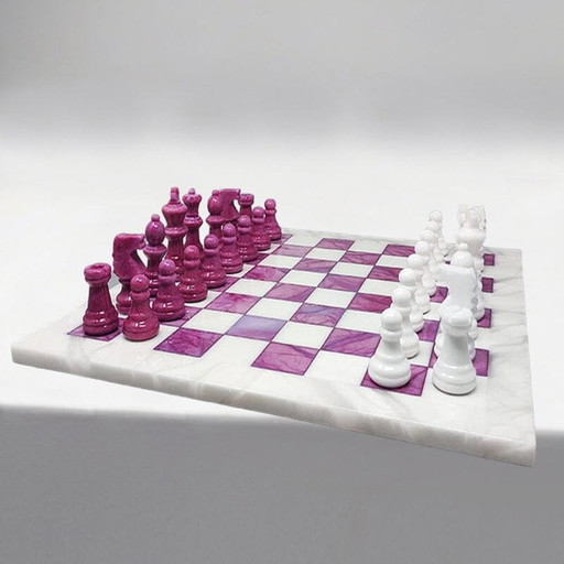 1970S Stunning Pink And White Chess Set In Volterra Alabaster Handmade Made In Italy