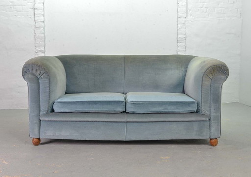 Chesterfield Style Duotone Two-Seat Victorian Sofa in Frosted Blue and Moss Green Velvet, 1950s.