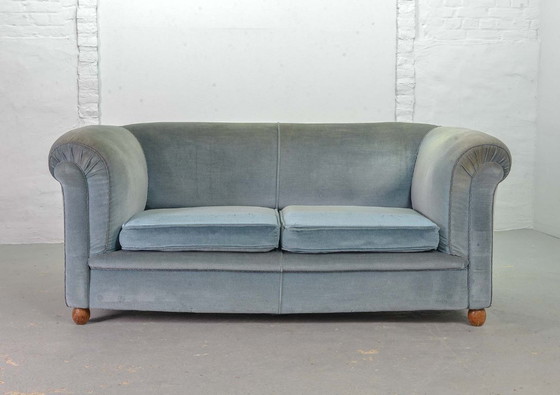 Image 1 of Chesterfield Style Duotone Two-Seat Victorian Sofa in Frosted Blue and Moss Green Velvet, 1950s.