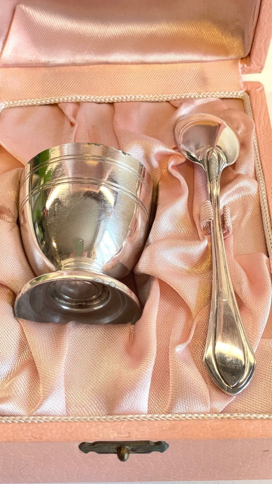 Image 1 of Vintage Silver-Plated Metal Egg Cup and Spoon for Birth