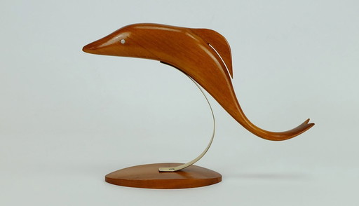 Beautiful Elegant Mid Century Wood Figurine Fish Dolphin Cherrywood Brass 1950s Deco