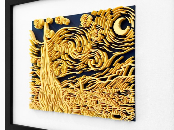 Image 1 of Notte stellata reinterpretata: bassorilievo scultoreo in movimento, opera d'arte da parete.