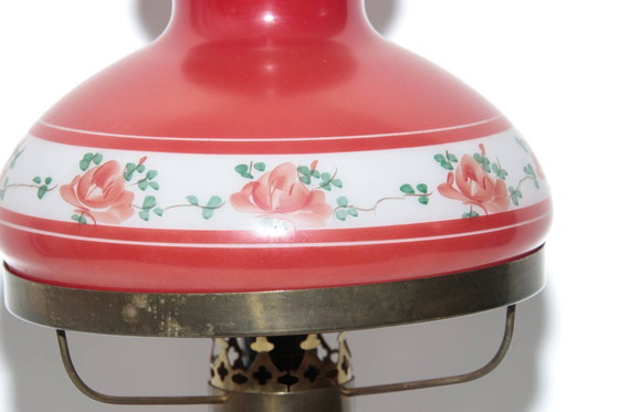 Image 1 of Petroleum lamp, red glass shade, opal glass, GDR 1970s nostalgia