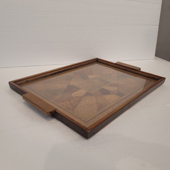 Image 1 of Bandeja Art Déco, Marquetería Y Cristal, 1950 – Francia