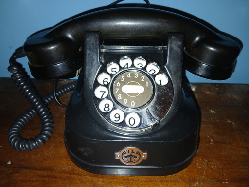 Téléphone à cadran rotatif vintage en bakélite noire RTT 56 par ATEA Anvers - Entièrement fonctionnel et en parfait état