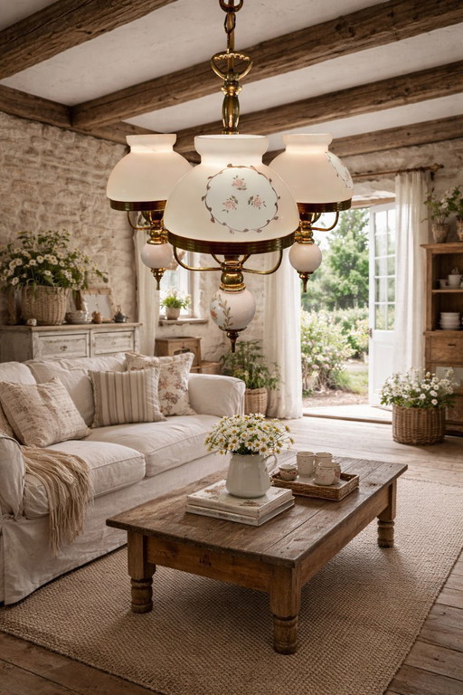 Lámpara colgante vintage de 3 luces – Cristal opalino con estampado floral y latón