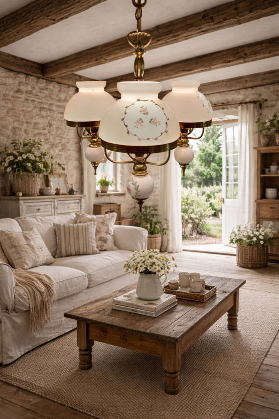 Image 1 of Lampadario vintage a 3 luci – Vetro opalino con motivo floreale e ottone