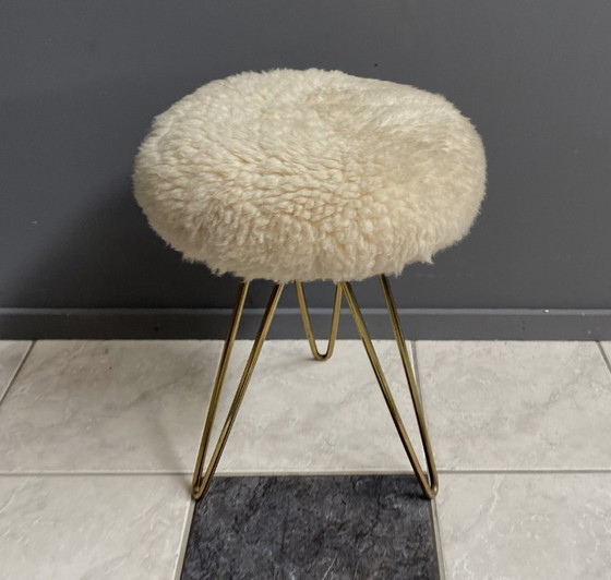 Image 1 of wool top brass small stool 1960s Sheep skin top