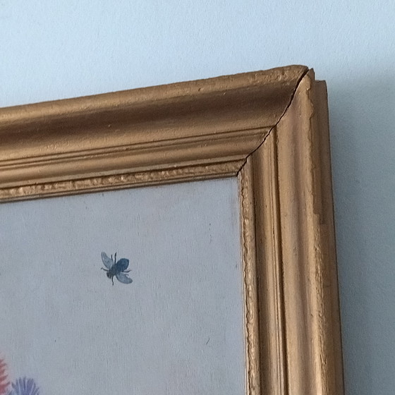 Image 1 of Dipinto antico di un gattino con un mazzo di fiori